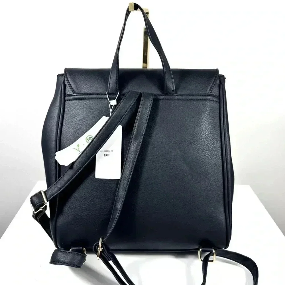 NWT Elegant Black PU Vegan Leather Backpack - Picture 3 of 4